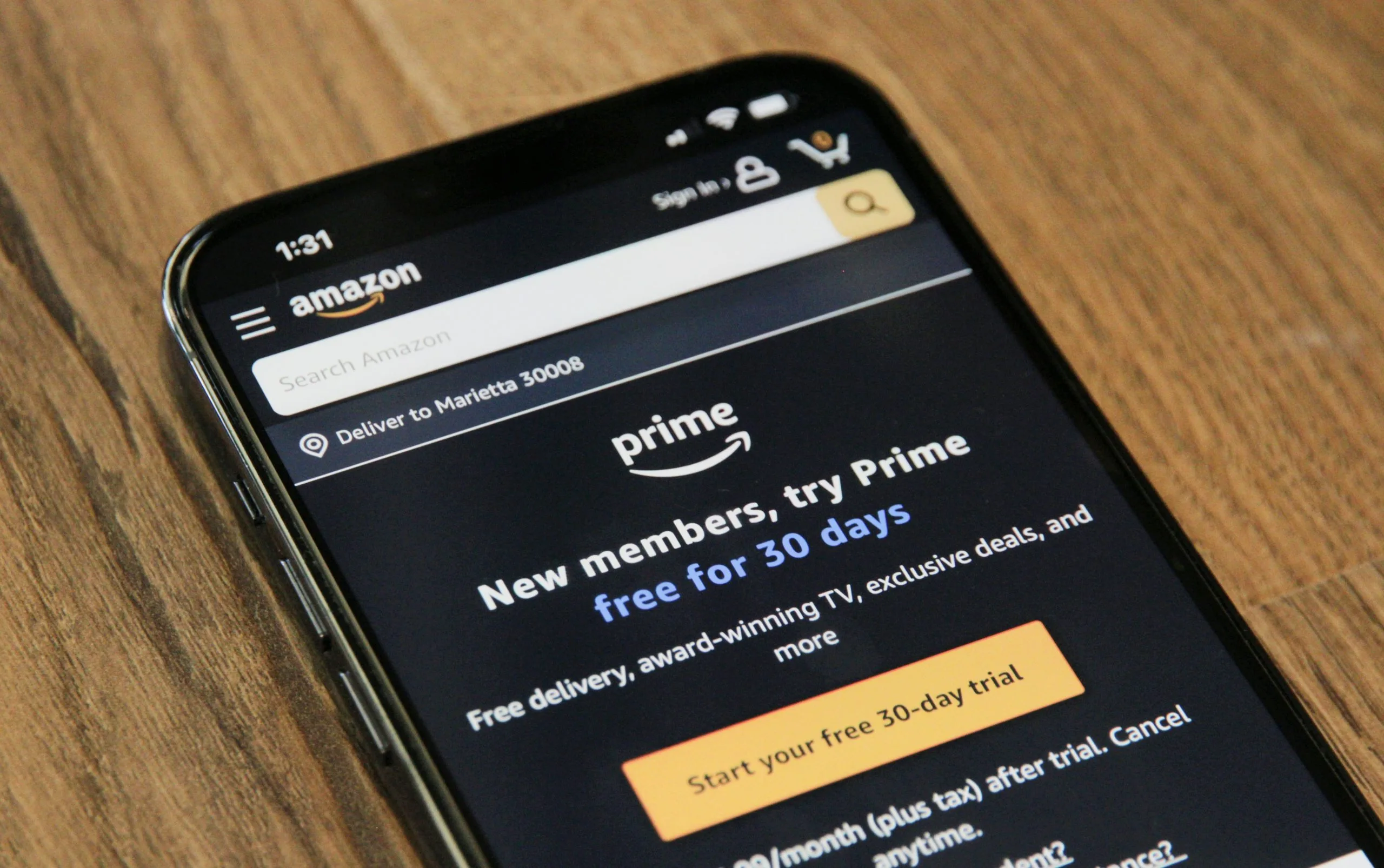 The Amazon shopping app open on a phone